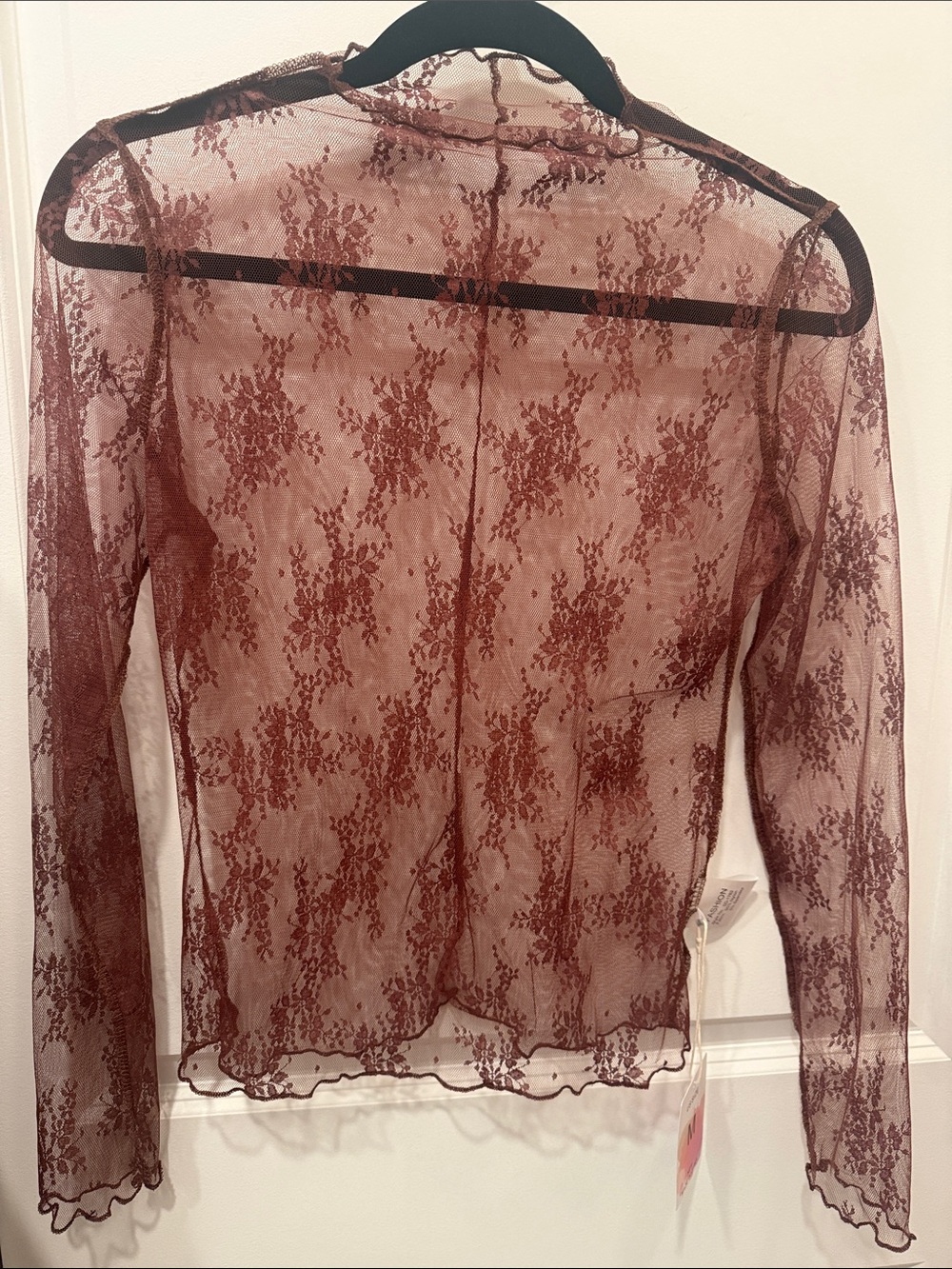 Sheer Floral Lace Long-Sleeve Top - Burgundy/Brown.